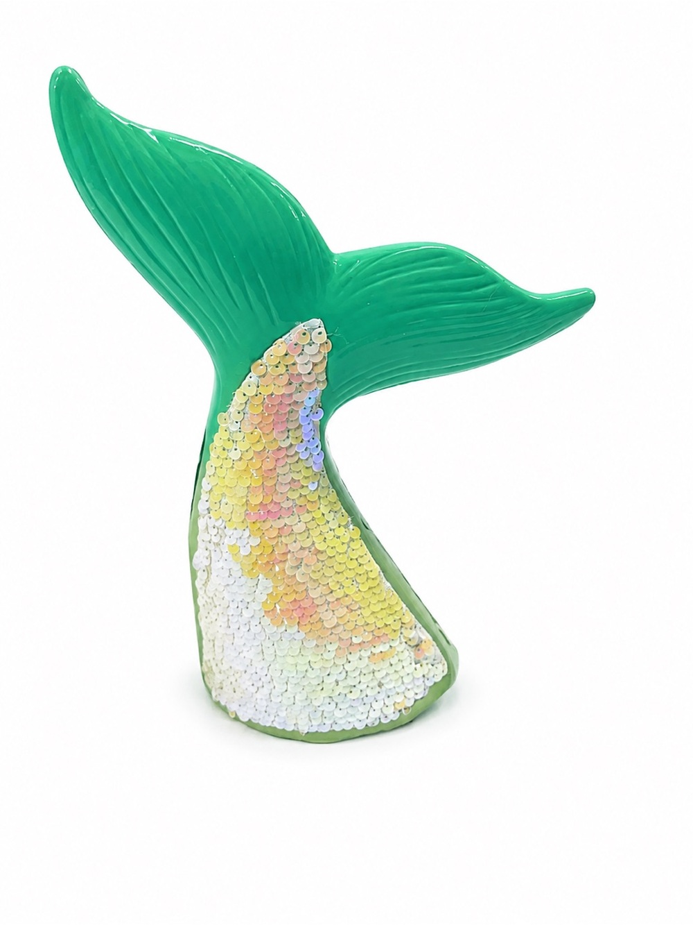 Green Mermaid Tail Fish Coin Bank with Iridescent Sequins